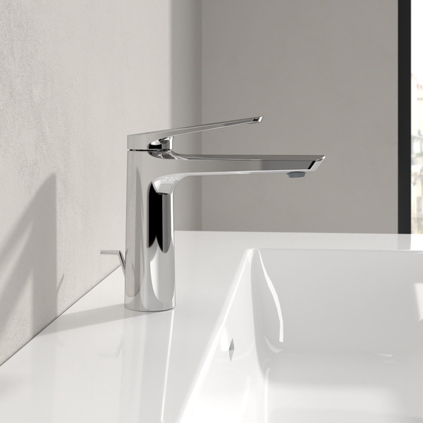 Villeroy & Boch Oasis Waschtischarmatur, Wasserhahn Bad mit Zugstange und Keramikkartusche, Waschbeckenarmatur wassersparend, Auslauf Höhe 114mm, rund, Chrom