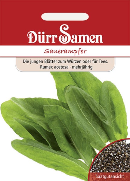 Dürr Samen Logo. Saatgutpackung Sauerampfer, mehrjährig, Rumex acetosa, mit Abbildung der Blätter und einer Detailansicht der Samen.