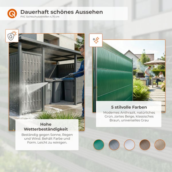 PVC-Sichtschutzstreifen 4,75 Zentimeter für Zäune. Wetterbeständig, leicht zu reinigen, Anwendung im Garten gezeigt. In fünf Farben verfügbar.
