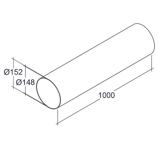 Technisches Diagramm eines Rundrohres mit Außendurchmesser 152 Millimeter, Innendurchmesser 148 Millimeter und einer Länge von 1000 Millimetern.
