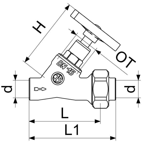 Technische Maßzeichnung eines Schrägsitzventils mit Maßangaben H, OT, d, L und L1 sowie DN 15 Kennzeichnung.
