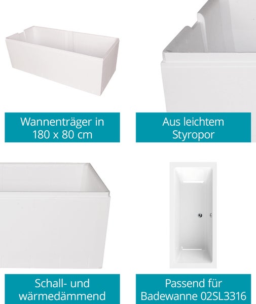 Calmwaters® Wannenträger 180 x 80 cm Modern Select, Passend für Rechteck-Badewanne 180x80 cm, Styroporträger, Schall- und wärmedämmend, Direkt verfliesbar, Badewannenträger in Weiß, 03AX3361