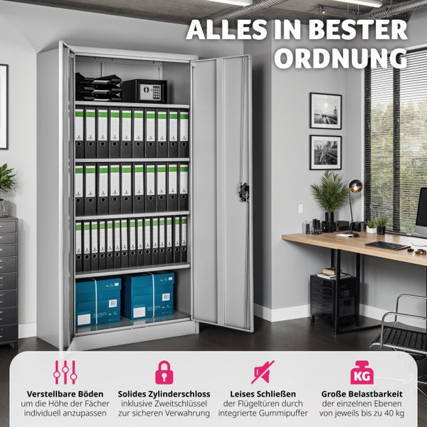 Aktenschrank tectake  180 x 90 x 40 cm aus pulverbeschichtetem Stahl grau