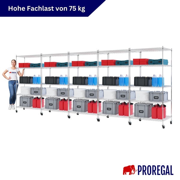 Mobiles Gitterregalsystem von Proregal aus Metall mit Rollen. Hohe Fachlast von 75 Kilogramm. Proregal Logo.