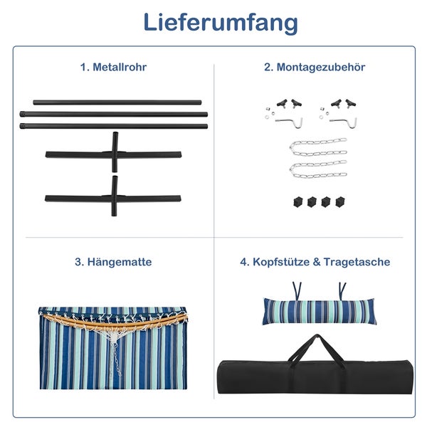 Lieferumfang für Hängematte mit Gestell: Metallrohre, Montagezubehör, blau-weiß gestreifte Hängematte, Kopfstütze und schwarze Tragetasche.