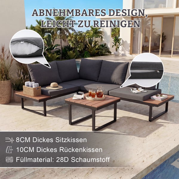 Moderne Gartenlounge am Pool mit anthrazitfarbenen Polstern, abnehmbaren Bezügen, 8 Zentimeter dicken Sitzkissen und Holztischen.