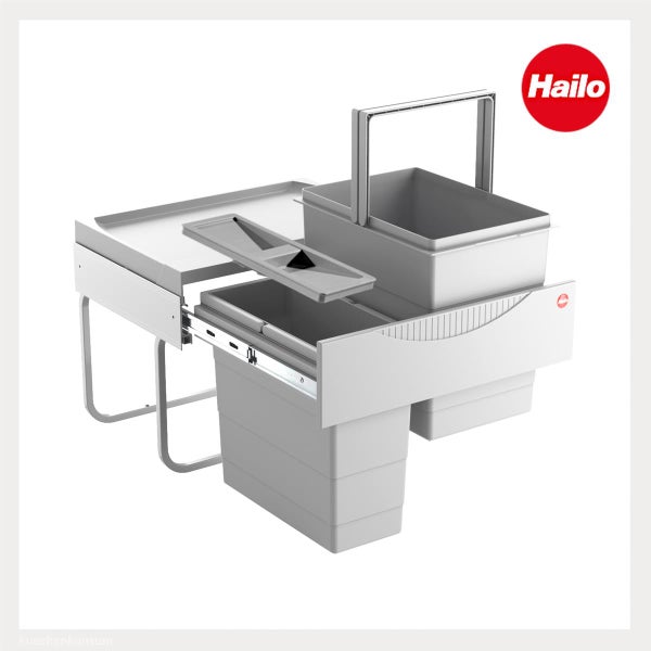 Hailo ausziehbares Mülltrennsystem aus grauem Kunststoff mit Deckel, Tragegriff und Metallschienen. Hailo Logo.