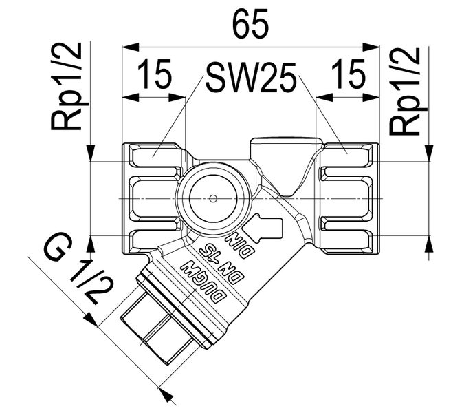 Technische Zeichnung mit Maßangaben für einen Schmutzfänger, Nennweite 15, Anschlüsse Rp ein halb und G ein halb, Schlüsselweite 25.