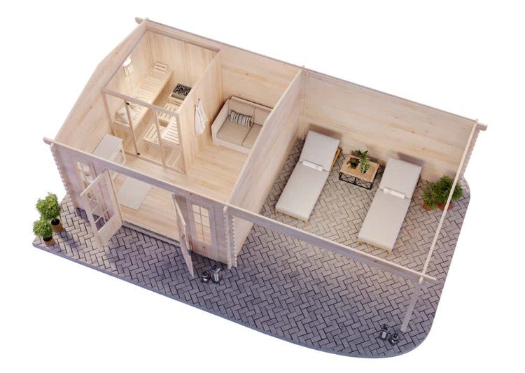 Gartenhaus aus hellem Holz mit integrierter Sauna, Ruheraum mit Sofa und überdachter Terrasse mit zwei Sonnenliegen.
