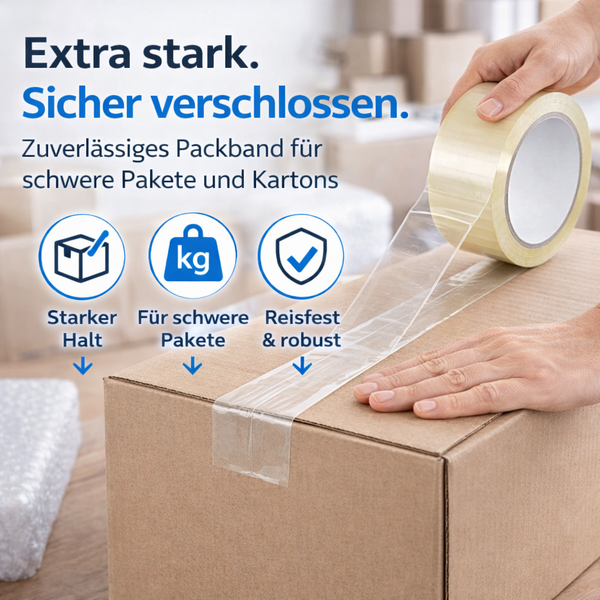 Transparentes Packband wird auf einen Karton geklebt. Es bietet starken Halt, ist reißfest und für schwere Pakete geeignet.