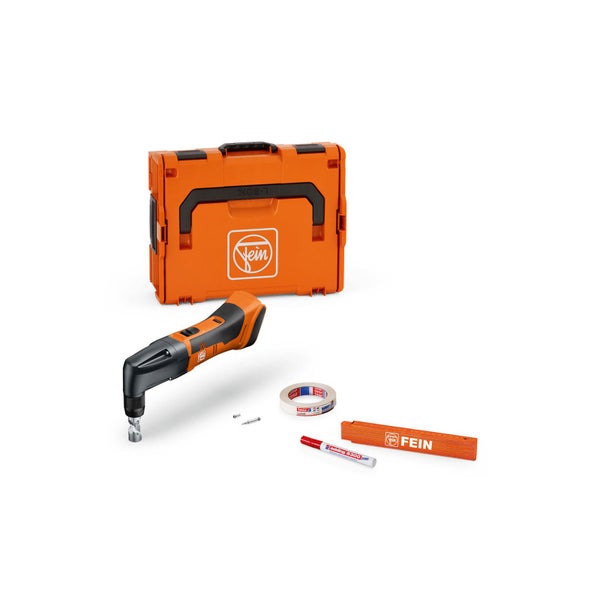 Fein Akku-Winkelbohrmaschine mit L-Boxx, Klebeband, Stift, Gliedermaßstab und Schrauben
