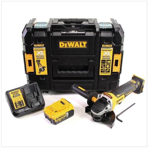 DeWALT Akku Winkelschleifer Set DCG406 mit Transportkoffer, Ladegerät und 18 Volt XR Lithium Ionen Akku.