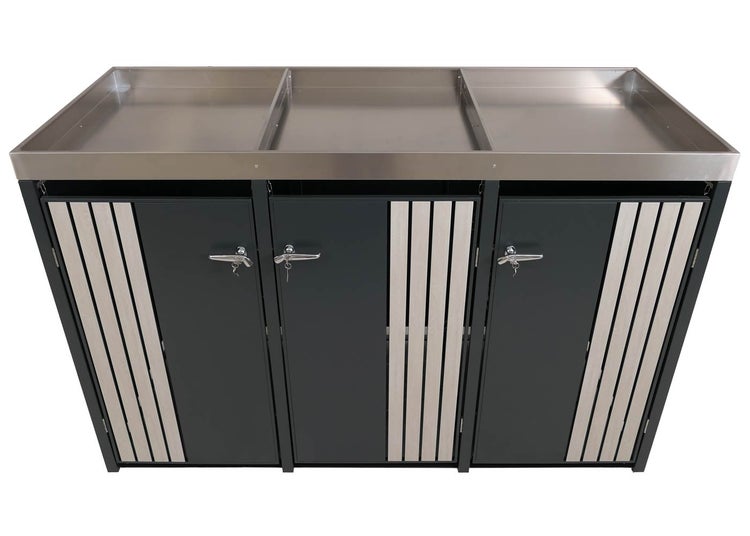 Mülltonnenbox mit drei Fächern und Metalloberfläche