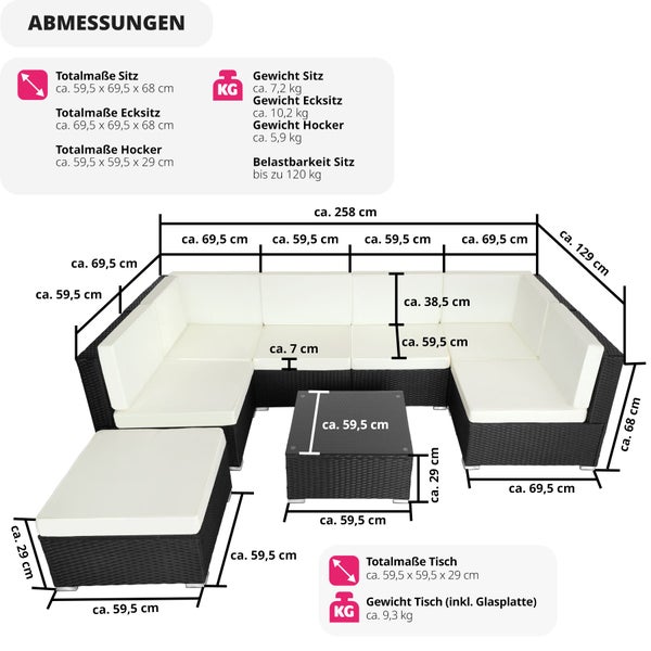 Rattan Lounge tectake Venedig für 6 bis 7 Personen mit Sicherheitsglasplatte