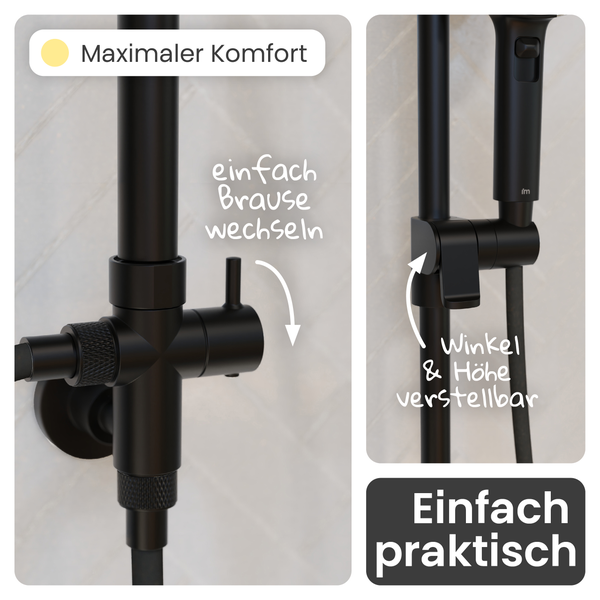 Schwarzes Duschsystem mit Umsteller zum einfachen Wechseln der Brause sowie höhen- und winkelverstellbarem Brausehalter.