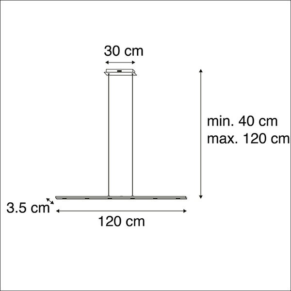 Technische Zeichnung einer Hängeleuchte mit den Maßen 30 cm, 3,5 cm und 120 cm sowie einer Mindest- und Maximalhöhe von 40 cm beziehungsweise 120 cm.