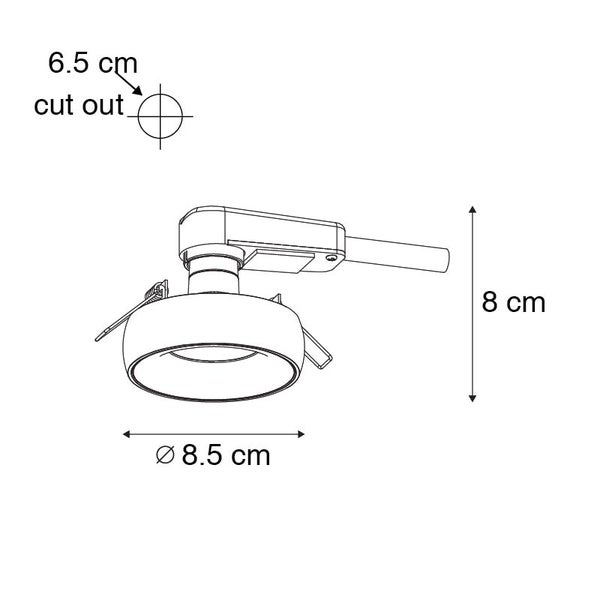 Technische Zeichnung eines Einbaustrahlers mit Maßen: 8,5 Zentimeter Durchmesser, 8 Zentimeter Höhe und 6,5 Zentimeter Lochausschnitt.