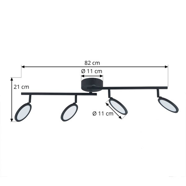 Schwarze LED-Deckenleuchte mit vier verstellbaren runden Spots. Breite 82 Zentimeter, Höhe 21 Zentimeter, Durchmesser der Spots 11 Zentimeter.
