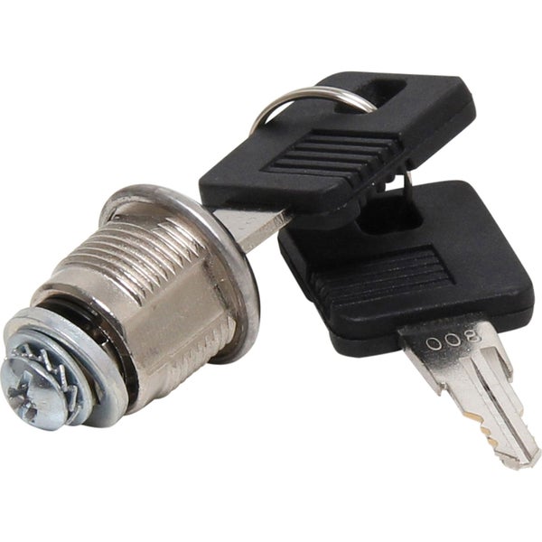 Zylinderschloss aus Metall mit zwei Schlüsseln mit schwarzen Kunststoffkappen.