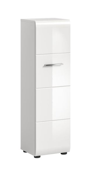 Badezimmer-Hochschrank in Weiß Hochglanz mit silberfarbenem Griff und Front in Vier-Segment-Optik.