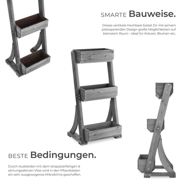 Vertikales Hochbeet aus Holz mit drei Etagen und atmungsaktivem Pflanzvlies in verschiedenen Ansichten.