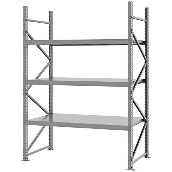 Graues Schwerlastregal aus Metall mit drei Ebenen für Keller, Garage oder Werkstatt.