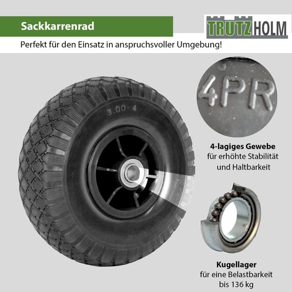 Trutzholm Sackkarrenrad mit Luftreifen 3.00-4, 4-lagigem Gewebe und Kugellager für 136 Kilogramm Belastbarkeit.