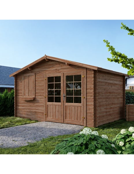 Holzgartenhaus mit Doppeltür und Fenster in einem Garten auf einer Wiese