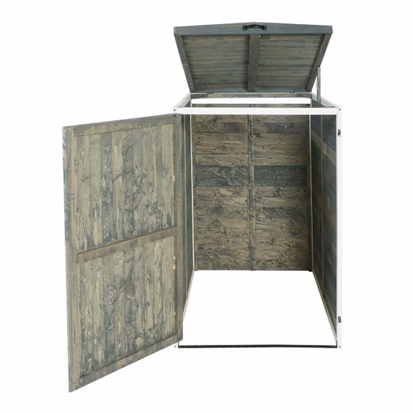 Mülltonnenbox aus Holz und Metall mit geöffneter Tür und hochgeklapptem Deckel