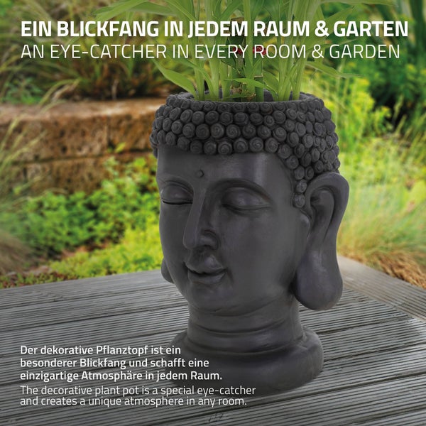 ML-Design Pflanztopf Buddha Figur Kopf 19x20x34 cm, Anthrazit, Harz, Innen- und Außenstatue, massiv, Groß Büste Skulptur, Pflanzgefäß Blumentopf Übertopf Gesicht Pflanzer Gartendeko Pflanzen Vase Urne