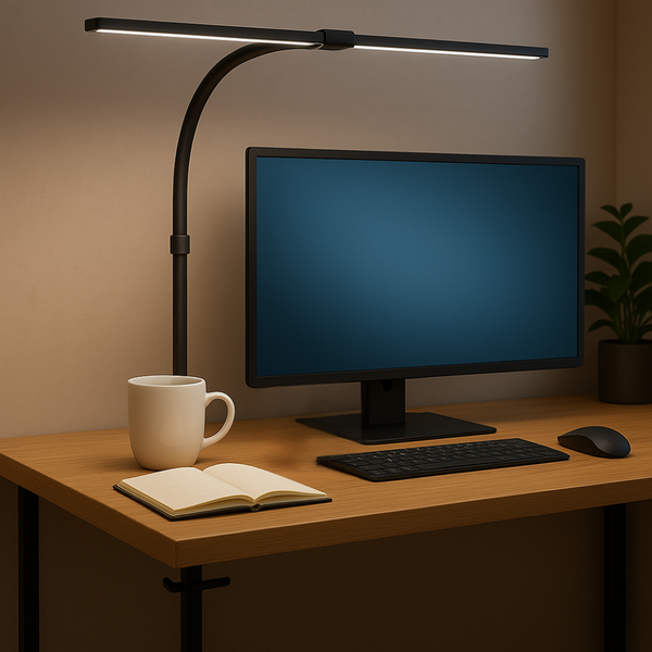 Moderne LED-Schreibtischleuchte mit breitem Lichtbalken an einem Holztisch. Organisierte Arbeitsumgebung mit Monitor, Tastatur und Tasse.