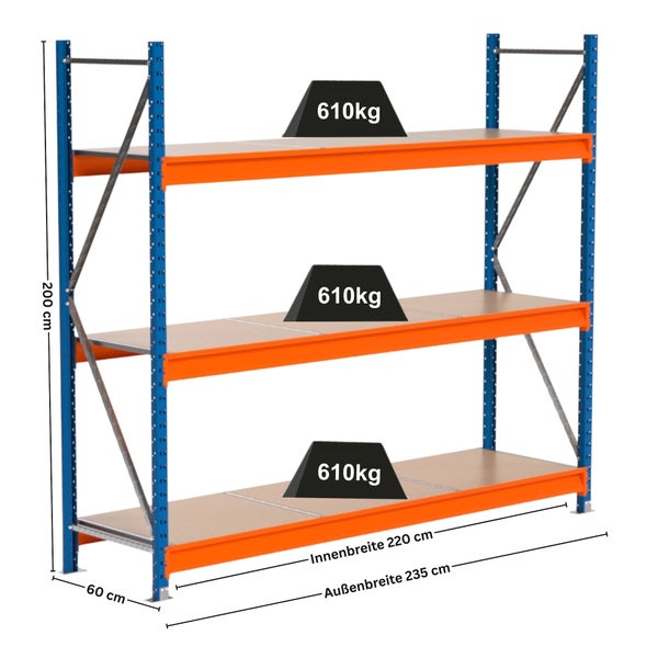 Lagerregal mit drei Ebenen, blaues Gestell und orangefarbene Träger, maximale Traglast 610 Kilogramm
