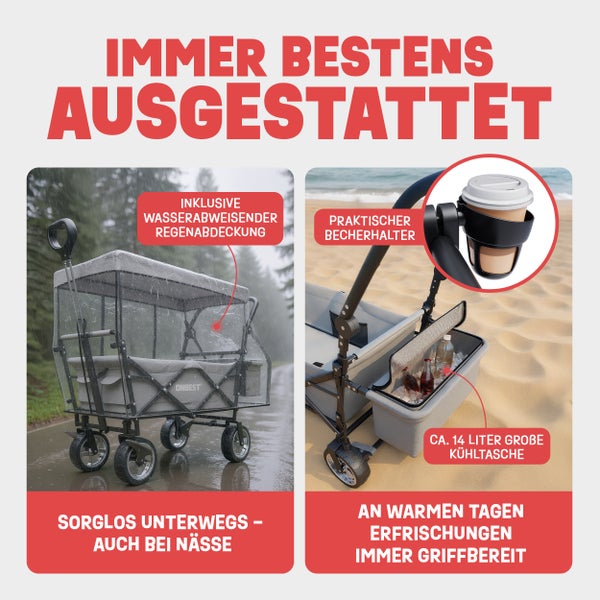 Bollerwagen mit wasserabweisender Regenabdeckung, Becherhalter und einer circa 14 Liter großen Kühltasche für Getränke.