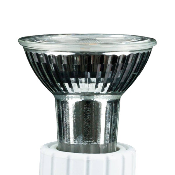 LED-Reflektorlampe mit Glasabdeckung und geriffeltem Gehäuse.