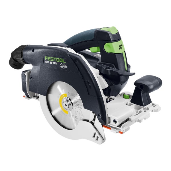 Festool Akku-Handkreissäge HKC 55 KEB mit Sägeblatt, Absaugstutzen und KickbackStop für präzise Holzzuschnitte.