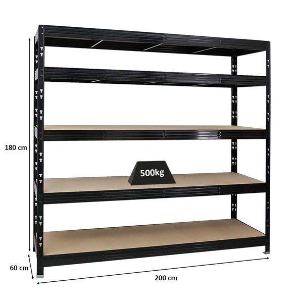 PROREGAL Profi Schwerlastregal Rhino HxBxT 180 x 200 x 60 cm 5 Spanplatten-Ebenen 8mm Fachlast 500 kg Schwarz