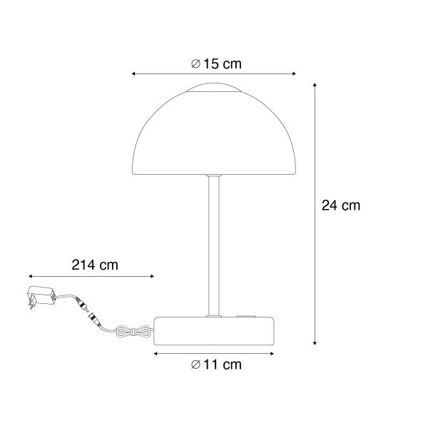 Maßzeichnung Tischleuchte, Höhe 24 Zentimeter, Schirmdurchmesser 15 Zentimeter, Fußdurchmesser 11 Zentimeter, Kabellänge 214 Zentimeter.