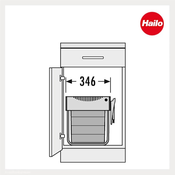 Technische Zeichnung eines Hailo Einbaumülleimers in einem Schrank mit einer Innenbreite von 346 Millimetern. Hailo Logo.