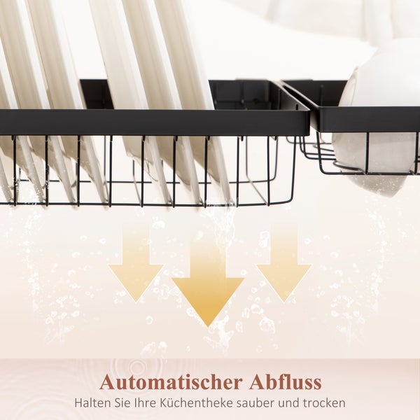 HOMCOM Abtropfgestell Geschirr, 2-stufiges Abtropfständer mit Haken, Tellerregal, Zubehör, 65 cm Abtropfgitter Gestell für Küchenspüle, Stahl, Schwarz