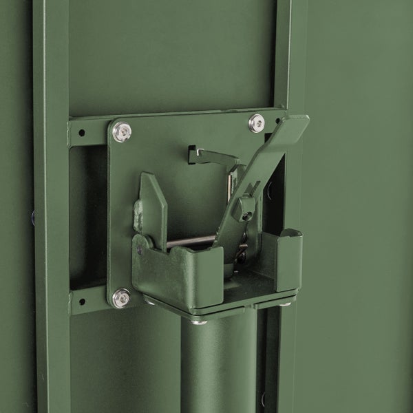 Klappmechanismus aus Metall für Tischbeine oder Bankgestelle mit grünem Arretierhebel.