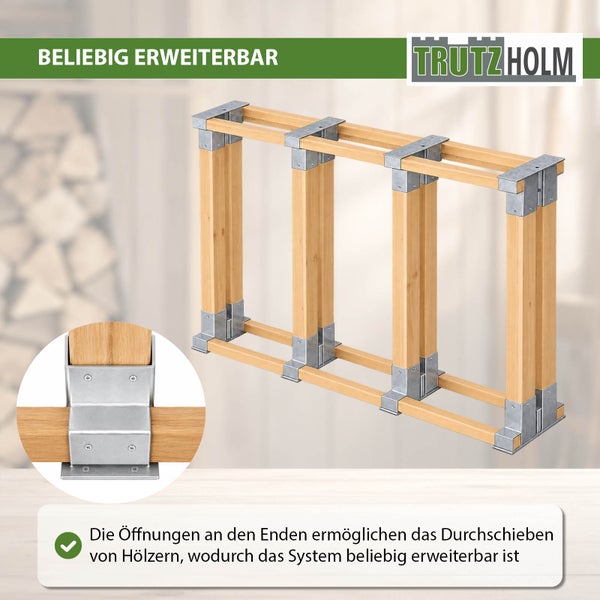 Holzstapelhilfe von Trutzholm für Kaminholz, erweiterbares Stecksystem mit verzinkten Metallverbindern für Holzbalken.