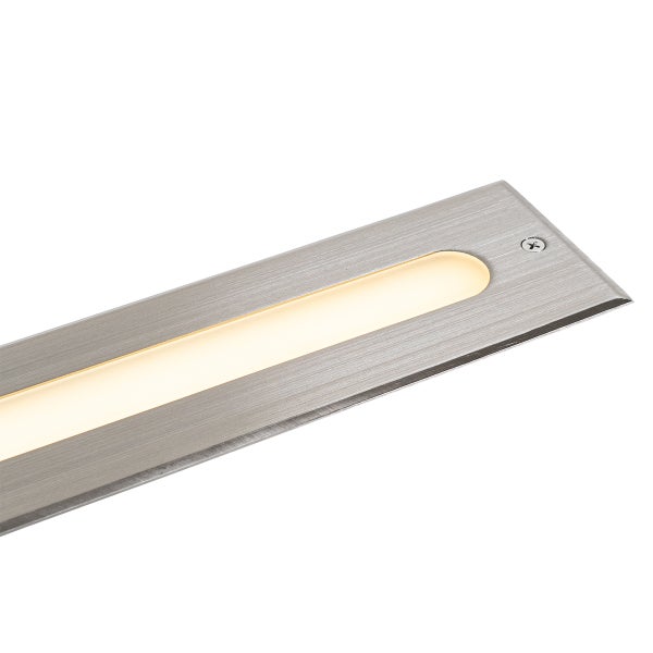 LED-Einbauleuchte aus gebürstetem Metall mit warmweißem Lichtaustritt und einer sichtbaren Befestigungsschraube.