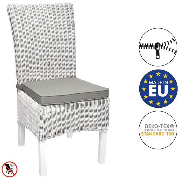 Weißer Geflechtstuhl mit grauem Sitzkissen, Reißverschluss, hergestellt in der Europäischen Union, OEKO-TEX STANDARD 100 zertifiziert.