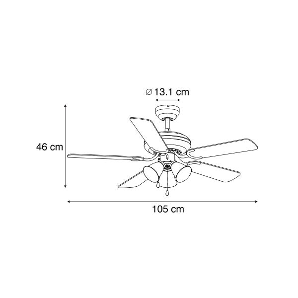 Maßzeichnung eines Deckenventilators mit Beleuchtung, Durchmesser 105 Zentimeter, Gesamthöhe 46 Zentimeter, Deckenhalterung 13,1 Zentimeter.