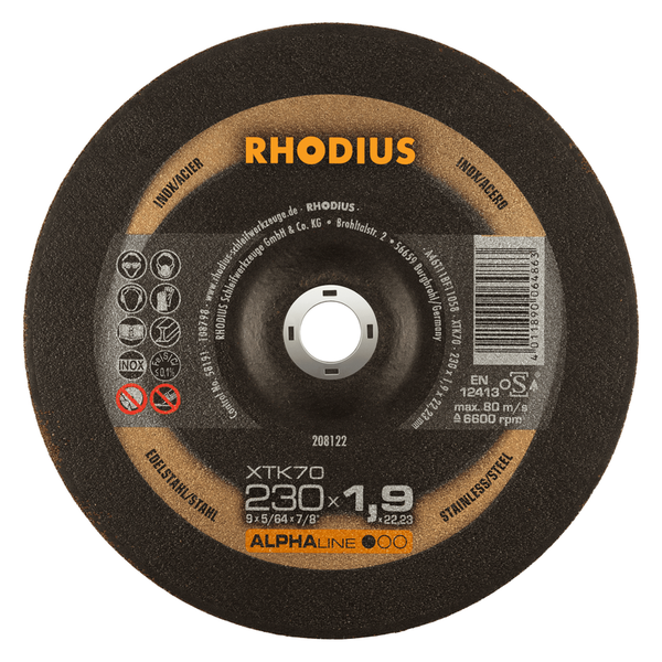 RHODIUS Trennscheibe XTK70, 25 Stück, 230 x 1,9 x 22,23 mm für Edelstahl, Stahl, Metall, ALPHAline