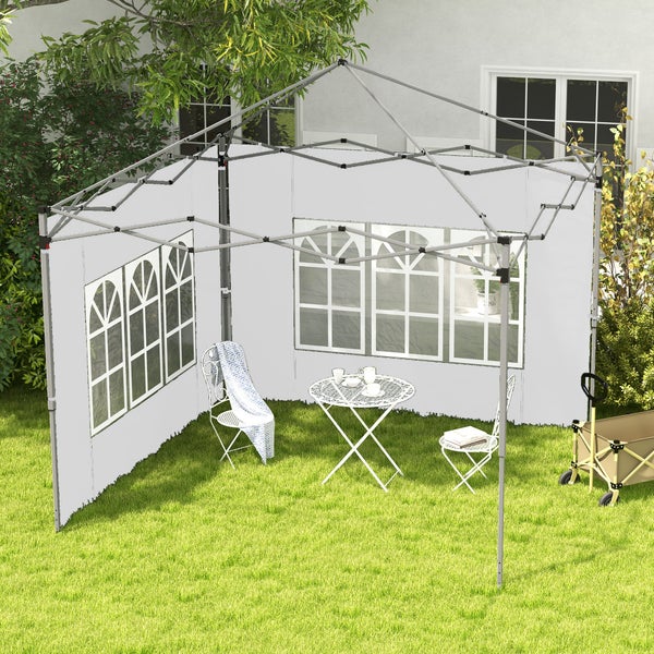 Faltpavillon-Gestell mit weißen Seitenwänden und Fenstern, Garten-Szene mit Bistro-Set aus Metall und grünem Rasen.