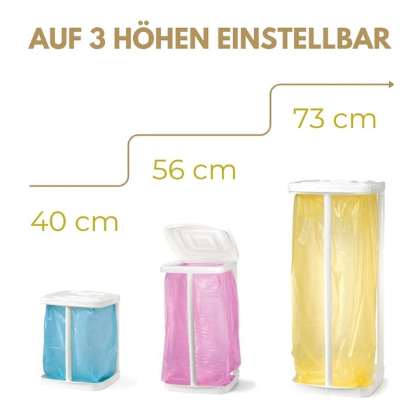 Müllsackständer höhenverstellbar auf 40 Zentimeter, 56 Zentimeter und 73 Zentimeter.