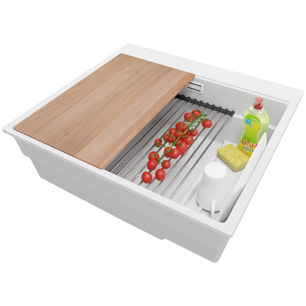 PRIMAGRAN Spülbecken Alles Weiß 58x53cm, Granitspüle 1 Becken + Ablauf-Set + Küchenzubehörset, Küchenspüle ab 60er Unterschrank - Oslo Max