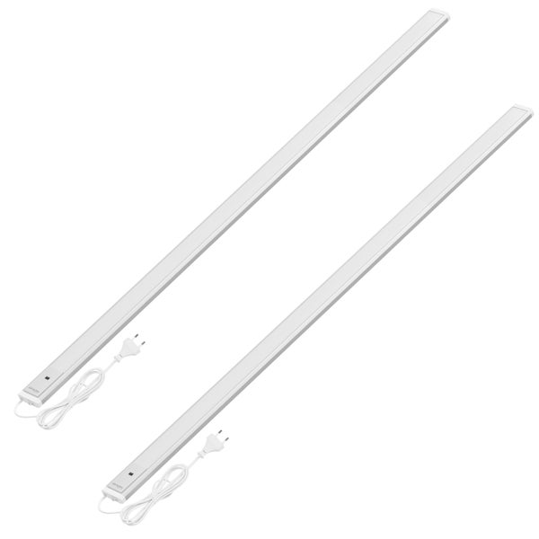 Zwei weiße, flache LED-Unterbauleuchten mit Stromkabel, Netzstecker und integriertem Sensor für Küche oder Arbeitsplatte.