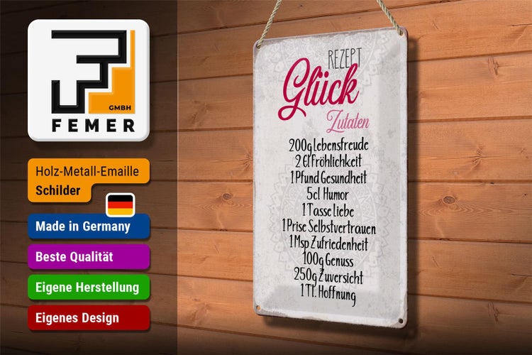 Blechschild Spruch 20x30cm Rezept Glück Zutaten Schild